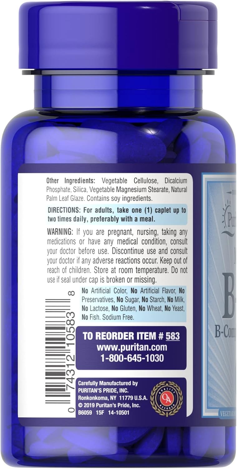 100 Count Puritan's Pride Vitamin B-50 Complex Caplets for Daily Energy Support