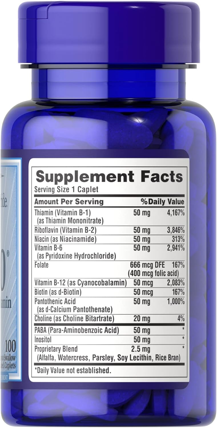 100 Count Puritan's Pride Vitamin B-50 Complex Caplets for Daily Energy Support