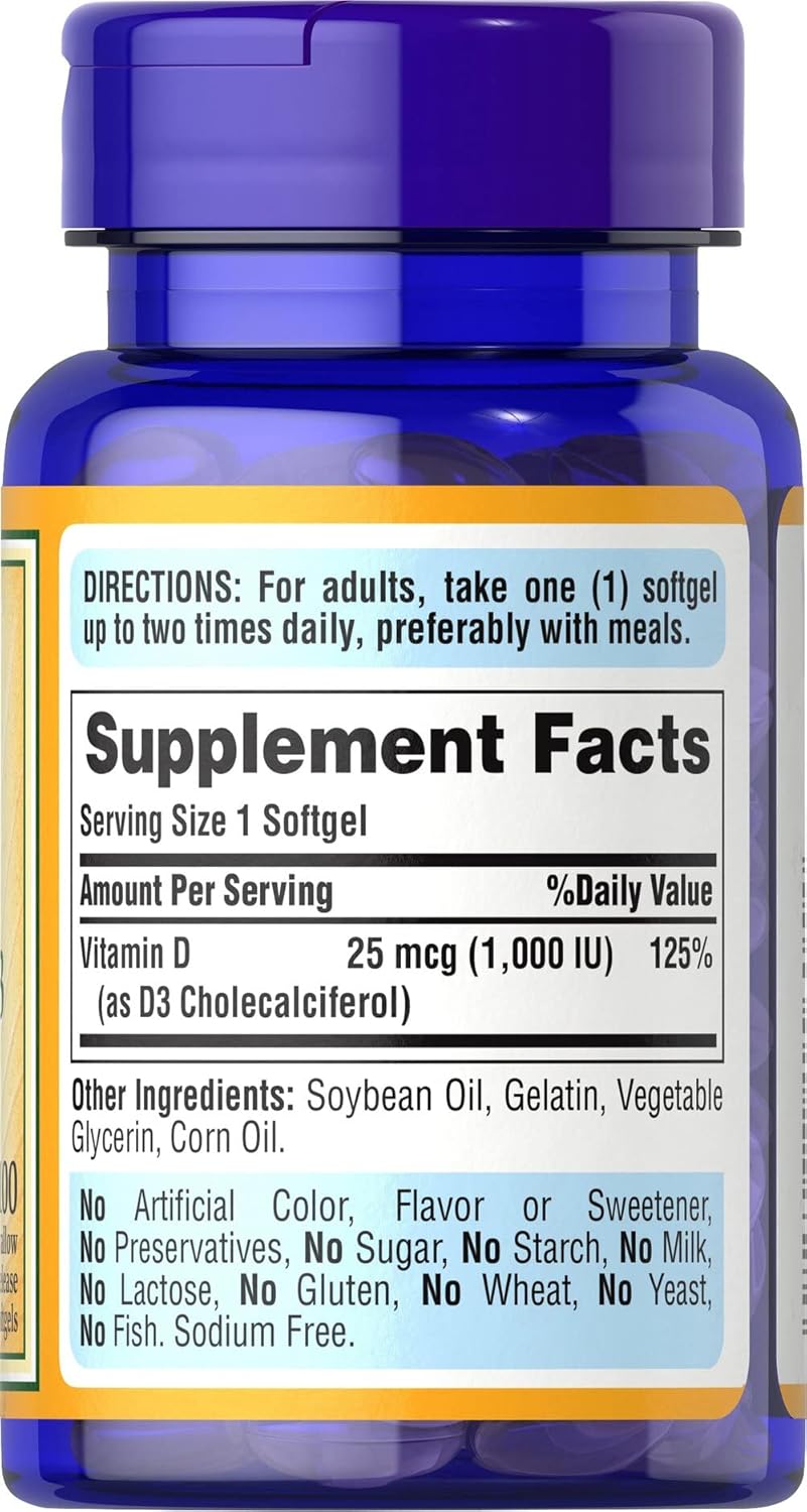 100 Count Puritan's Pride Vitamin D3 1000 Iu Softgels for Immune Support