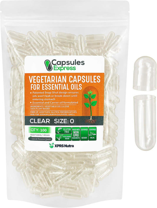 100 Count Size 0 Clear Vegan Capsules for Essential Oils - DIY Oil Filling - Empty Vegetable Capsules for Aromatherapy
