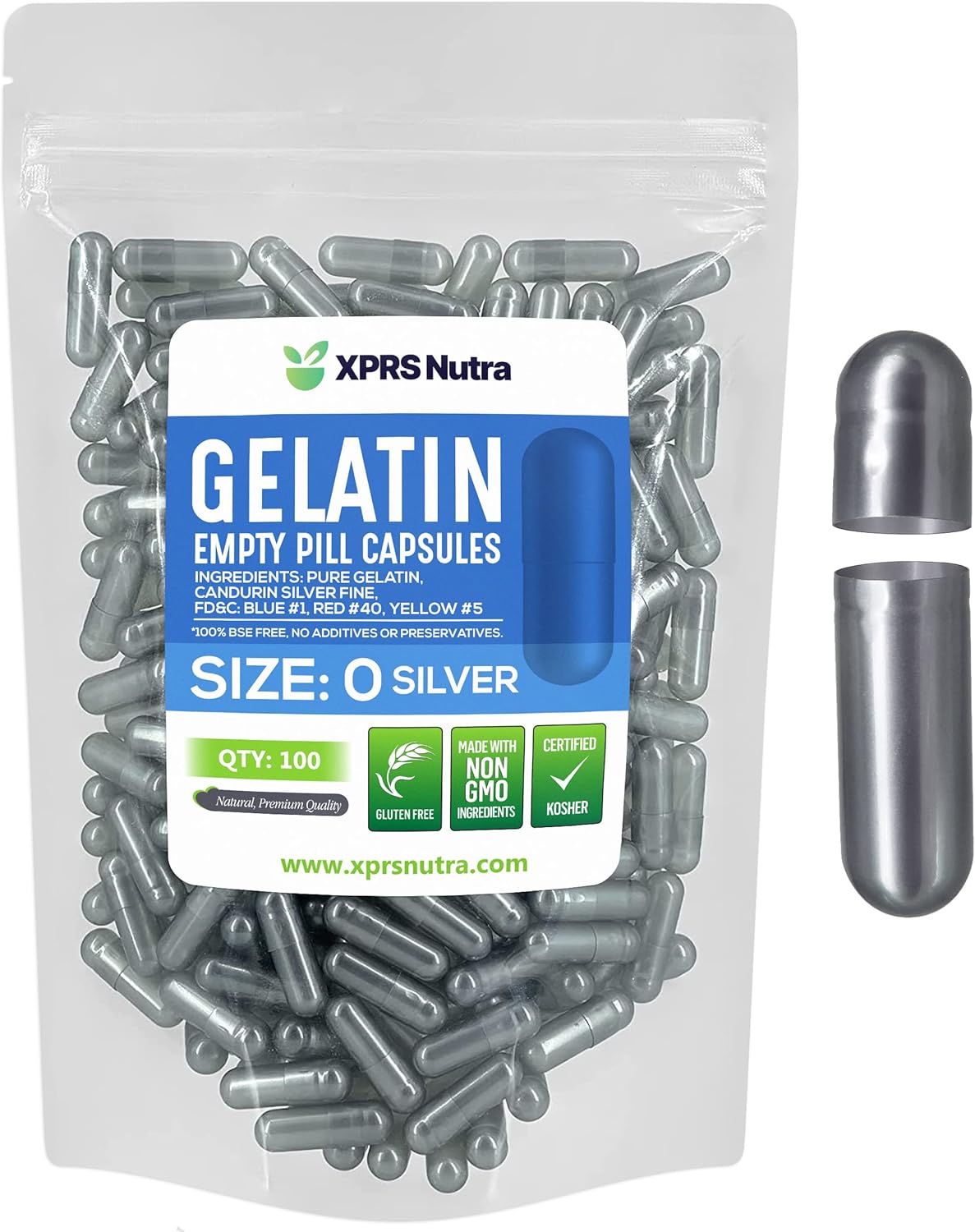 100 Count Size 0 Empty Gelatin Capsules for DIY Capsule Filling - Pure Bovine Silver Pill Caps
