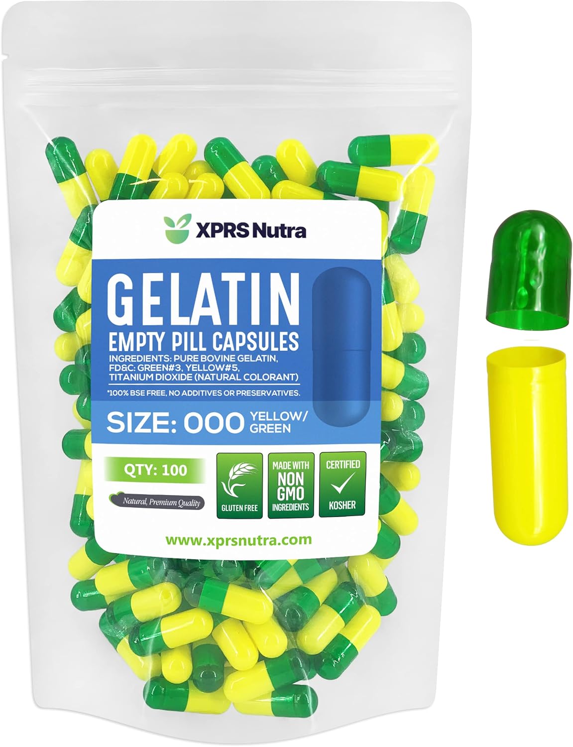 100 Count Size 000 Empty Gelatin Capsules - DIY Supplement Filling - Fillable Color Gel Pills - Green/Yellow - XPRS Nutra