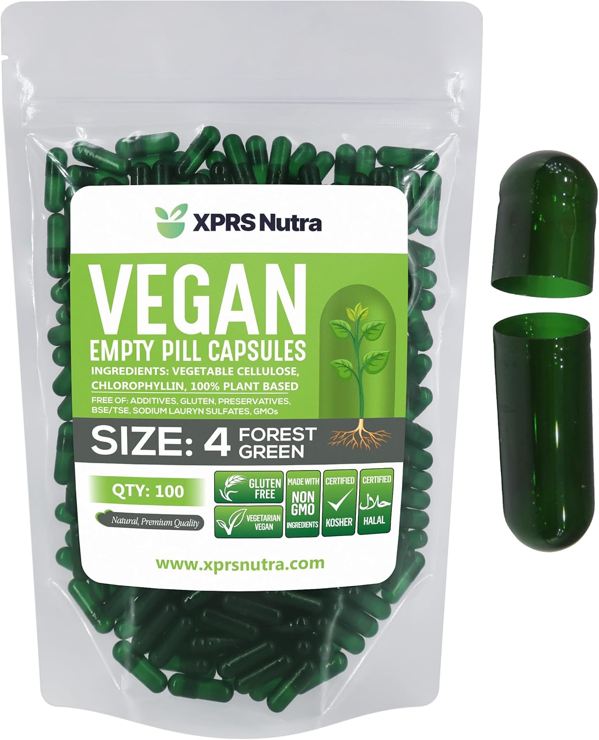 100 Count Small Vegan Empty Capsules for DIY Vegetable Capsule Filling - XPRS Nutra Size 4 Veggie Pill Capsules - Vegetarian Empty Pill Capsules (Forest Green)
