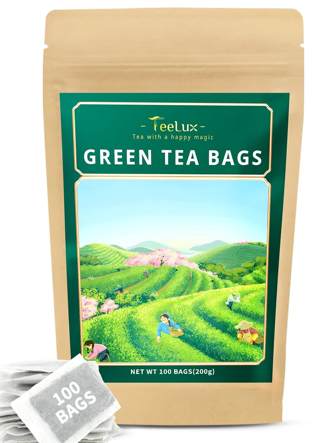 100 Count TeeLux Green Tea Bags for Overall Health Support, Natural Pure Green Tea with Super Antioxidant Properties, Caffeinated