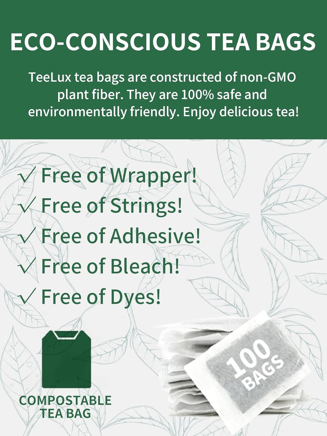 100 Count TeeLux Green Tea Bags for Overall Health Support, Natural Pure Green Tea with Super Antioxidant Properties, Caffeinated