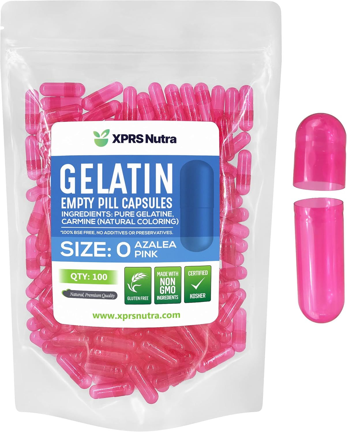 100 Count XPRS Nutra Size 0 Empty Gelatin Capsules for DIY Capsule Filling - Pure Bovine Empty Pill Caps in Azalea Pink