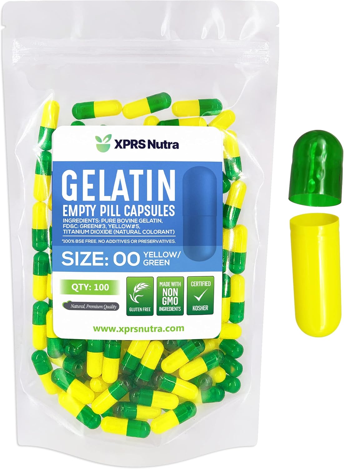 100 Count XPRS Nutra Size 00 Empty Gelatin Capsules for DIY Capsule Filling - Fillable Pill Capsules in Green/Yellow - Empty Pill Capsules for Supplements