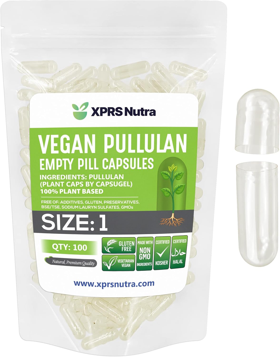 100 Count XPRS Nutra Size 1 Pullulan Clear Vegan Empty Capsules for DIY Vegetable Filling
