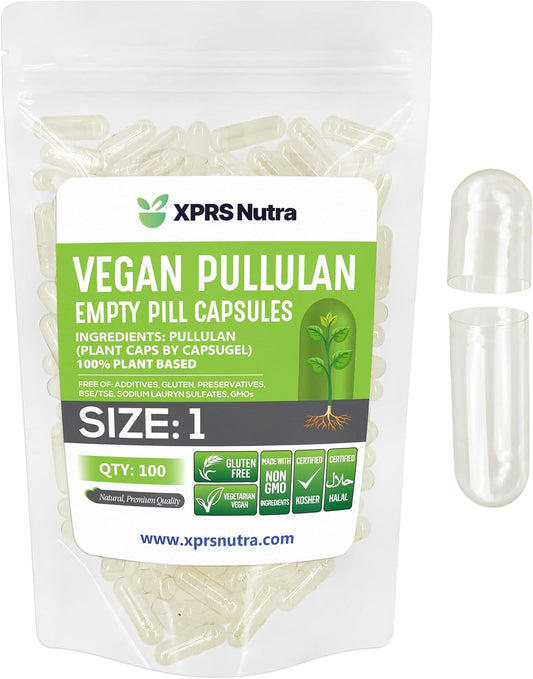 100 Count XPRS Nutra Size 1 Pullulan Clear Vegan Empty Capsules for DIY Vegetable Filling