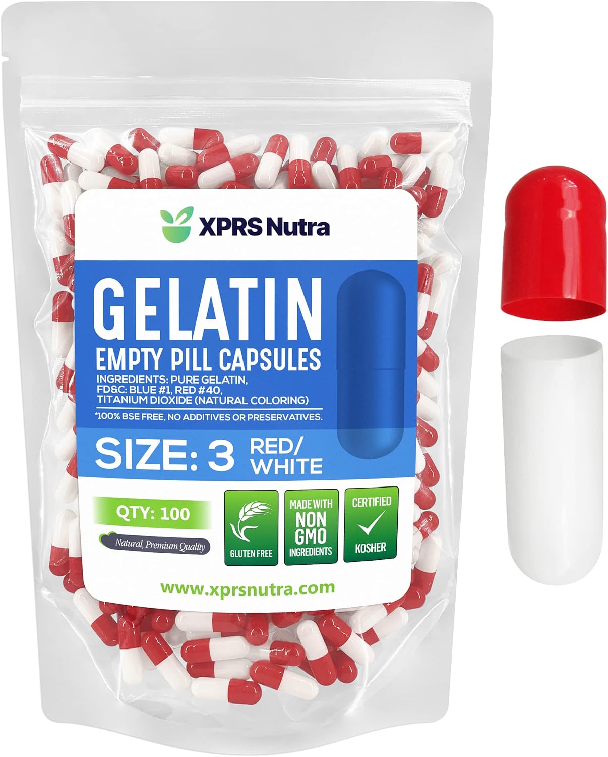 100 Count XPRS Nutra Size 3 Gelatin Empty Capsules for DIY Capsule Filling - Pure Bovine Empty Pill Capsules (Red/White)