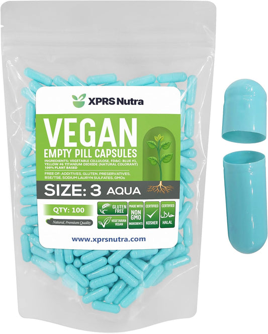 100 Count XPRS Nutra Size 3 Vegan Empty Capsules for DIY Vegetable Filling - Vegetarian Aqua Pill Caps Empty - Veggie Size 3 Caps
