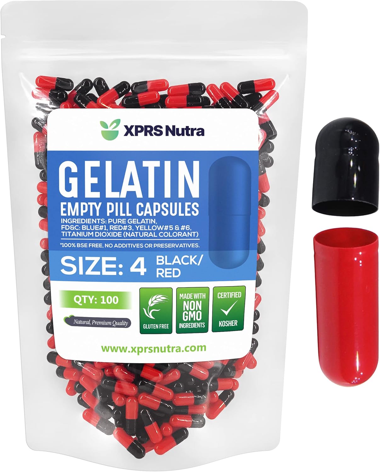 100 Count XPRS Nutra Size 4 Empty Gelatin Capsules for DIY Capsule Filling - Black/Red Bovine Pill Caps - BoostGo Australia
