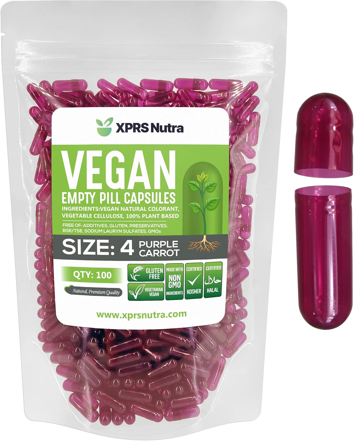 100 Count XPRS Nutra Size 4 Small Vegan Empty Capsules for DIY Vegetable Filling - Vegetarian Pill Capsules Purple Carrot Flavor