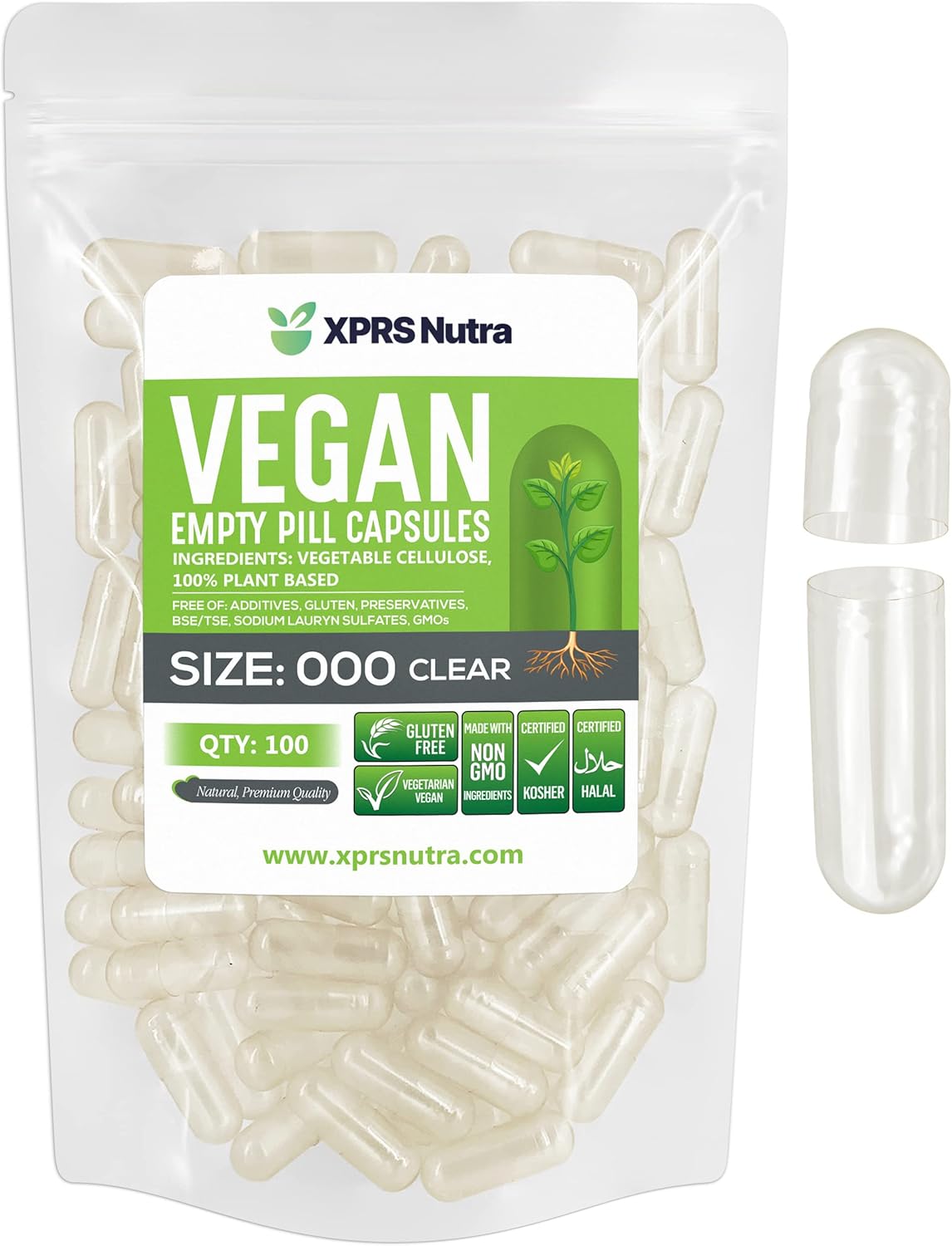 100 Count XPRS Nutra Vegan Size 000 Clear Empty Capsules - Vegetarian DIY Vegetable Capsule Filling - Veggie Pill Capsules