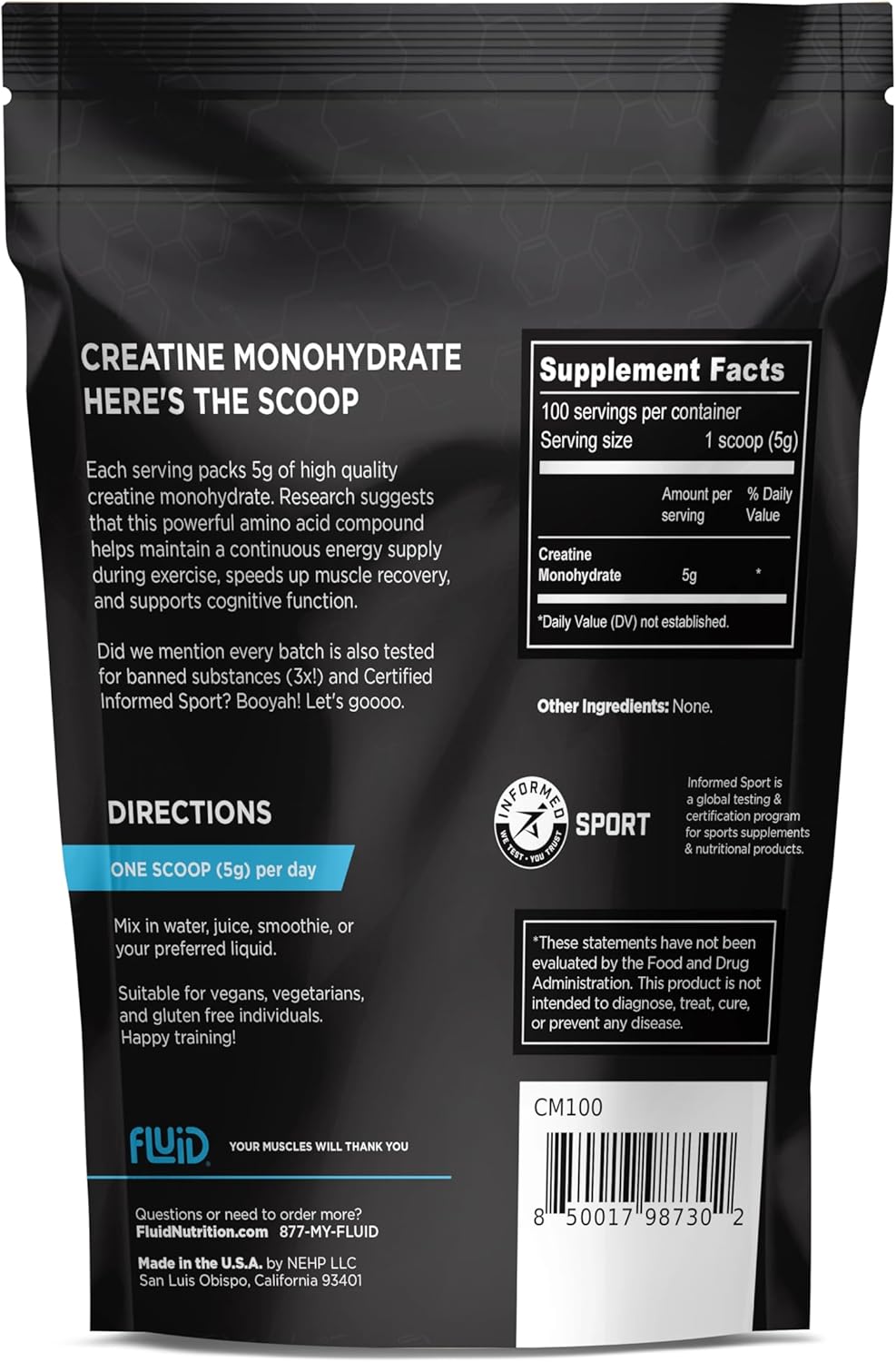 100% Creatine Monohydrate Powder - Unflavored, Informed Sport Certified - 5g per Serving, 100 Servings