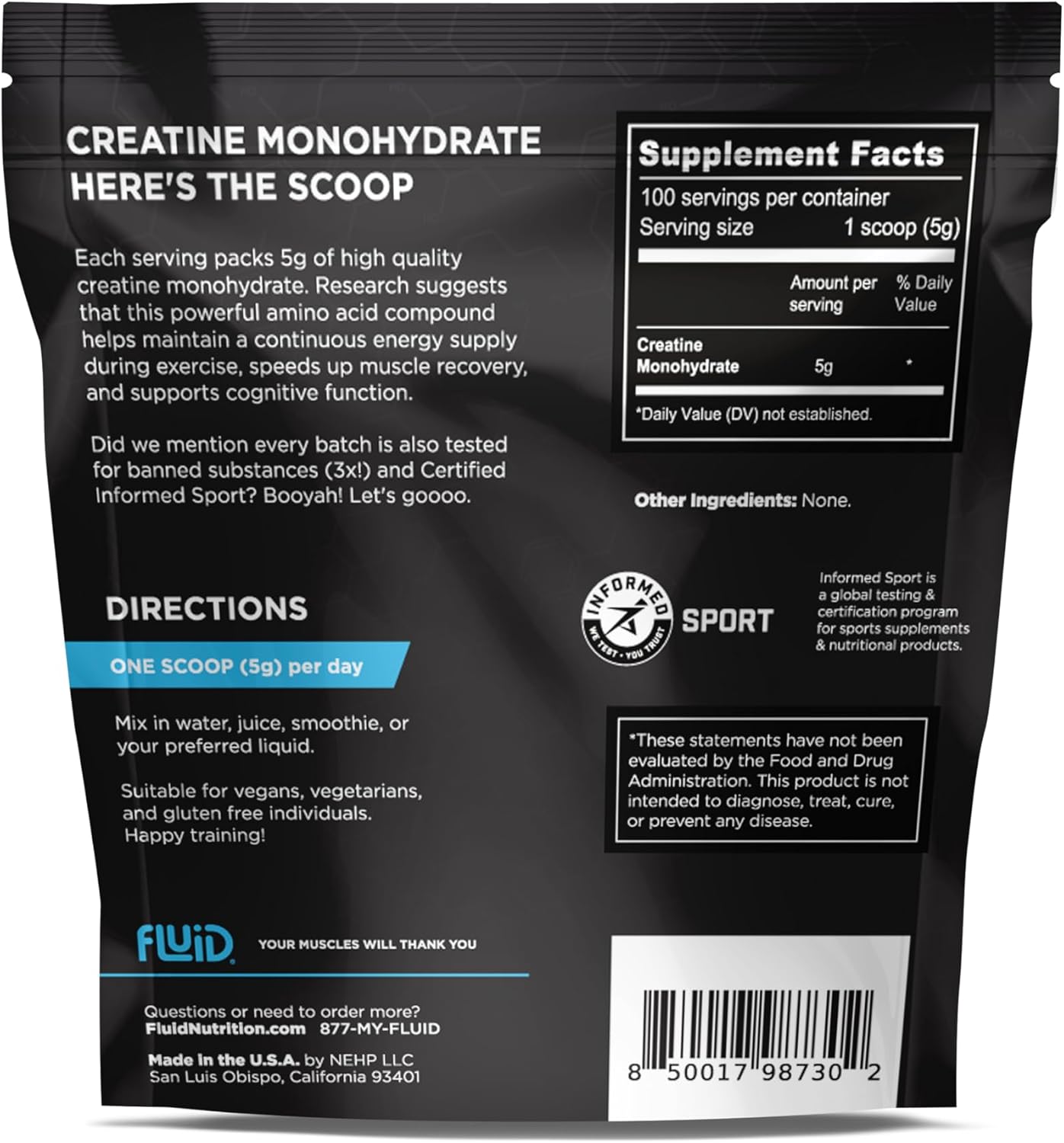 100% Creatine Monohydrate Powder - Unflavored, Informed Sport Certified - 5g per Serving, 100 Servings