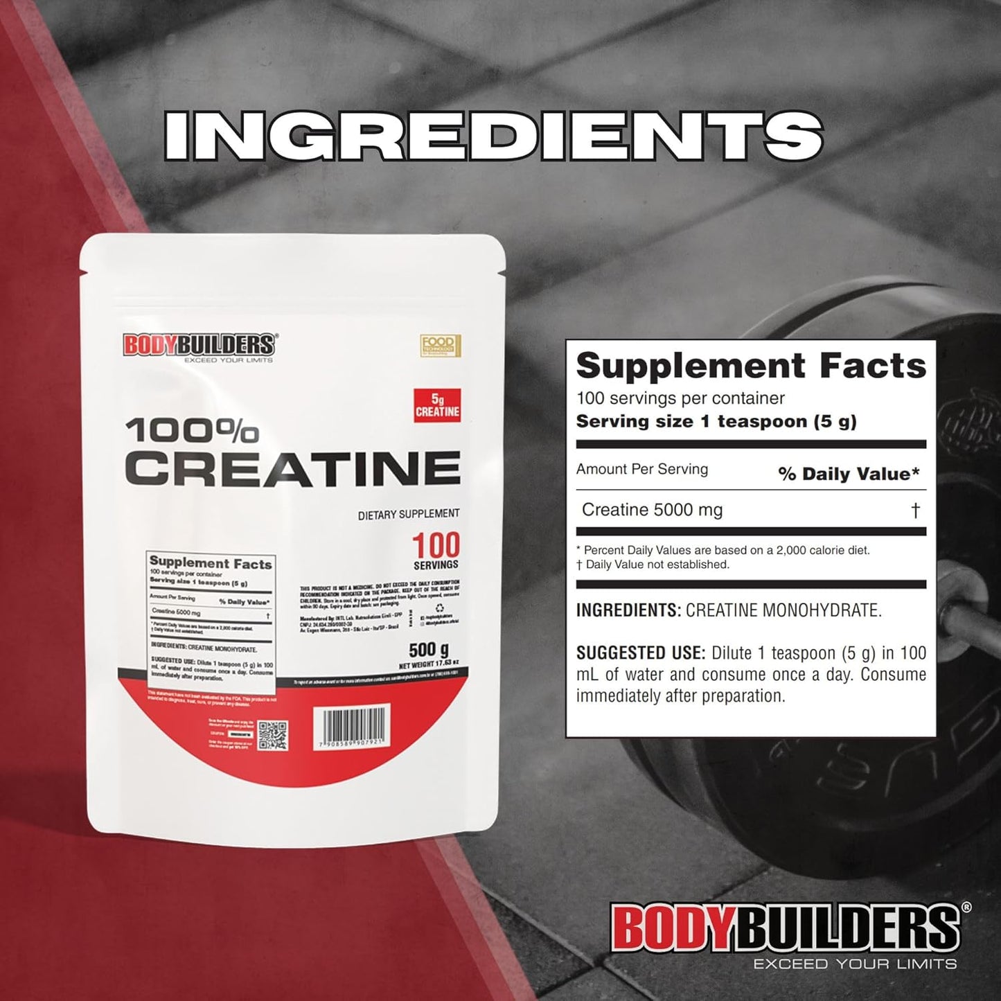 100% Creatine Powder for Bodybuilders - Unflavored, 1.1lb, 100 Servings