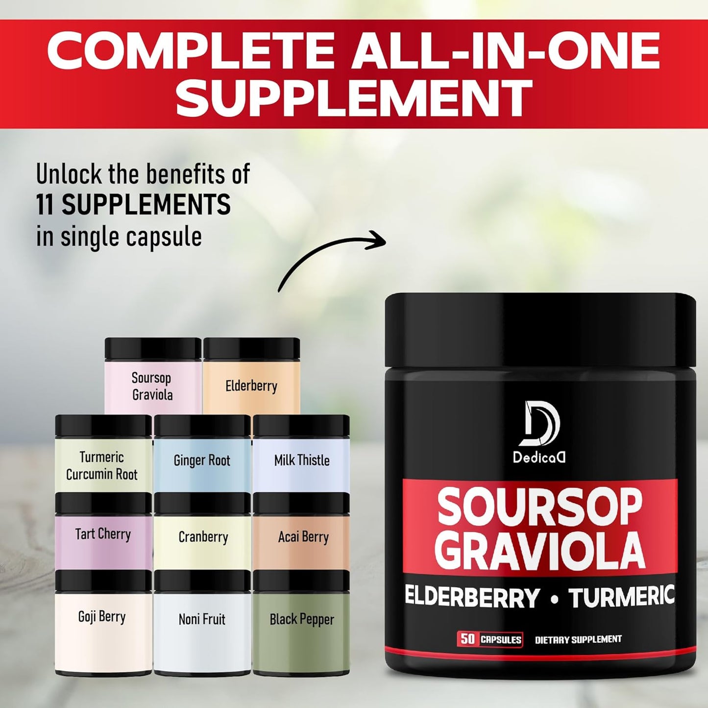 100-Day Supply DEDICAD Graviola Soursop Leaves Capsules - 2 Packs of 50 Capsules - 11in1 Extract with Elderberry, Turmeric, Ginger, Milk Thistle, Cranberry - Mood, Immune & Body Health Support