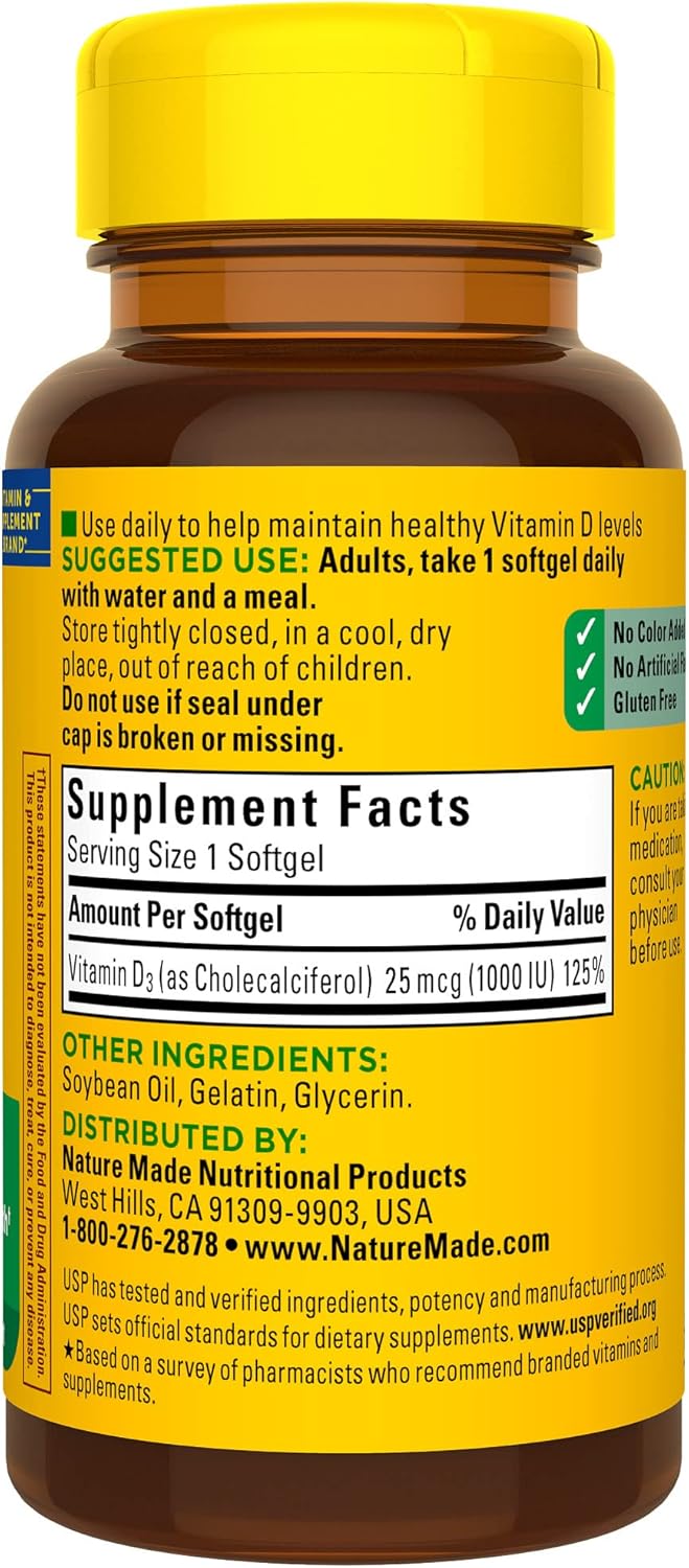 100 Day Supply Nature Made Vitamin D3 1000 IU (25 mcg) Softgels - Bone, Teeth, Muscle, Immune Health Support - 200 Softgels