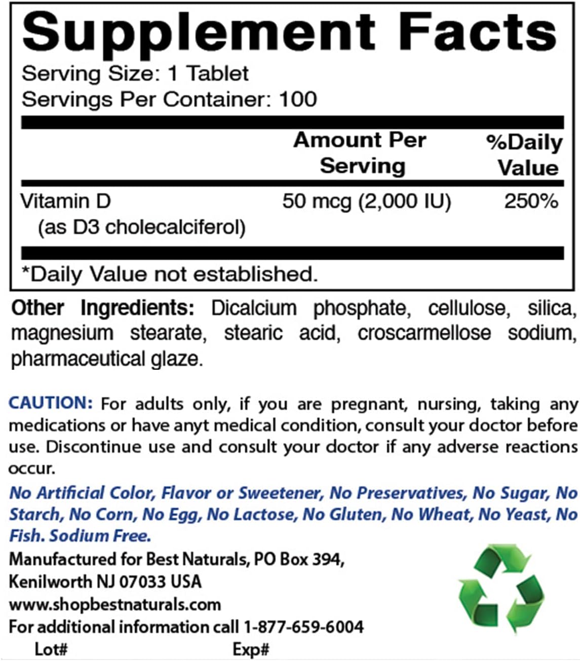 100-Day Supply of Best Naturals Vitamin D3 2000 IU Tablets for Immune Health, Strong Bones, Teeth, and Muscle Support - 300 Count