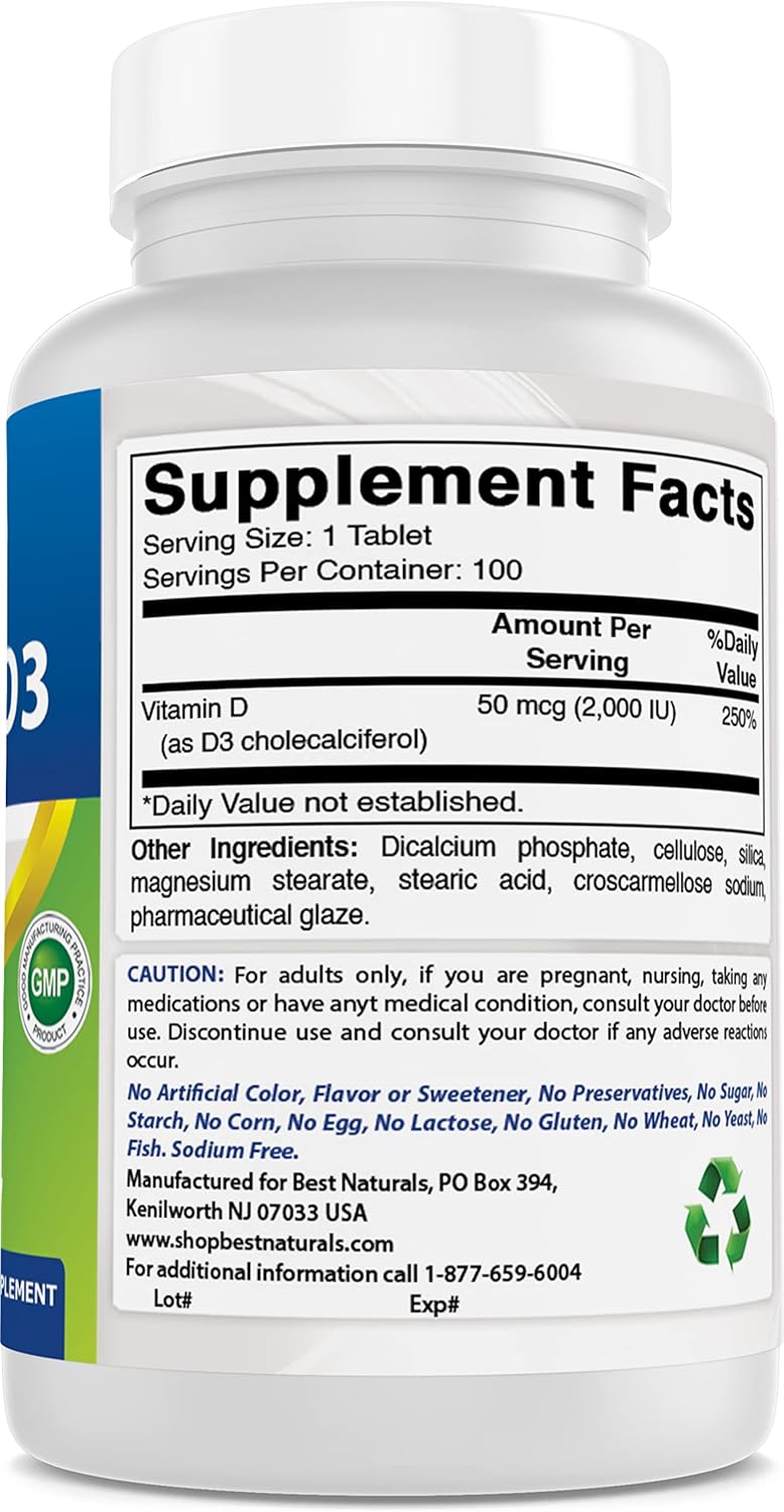 100-Day Supply of Best Naturals Vitamin D3 2000 IU Tablets for Immune Health, Strong Bones, Teeth, and Muscle Support - 300 Count