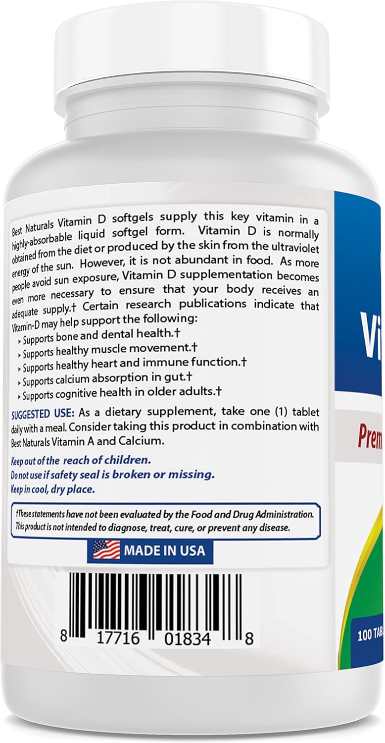 100-Day Supply of Best Naturals Vitamin D3 2000 IU Tablets for Immune Health, Strong Bones, Teeth, and Muscle Support - 300 Count