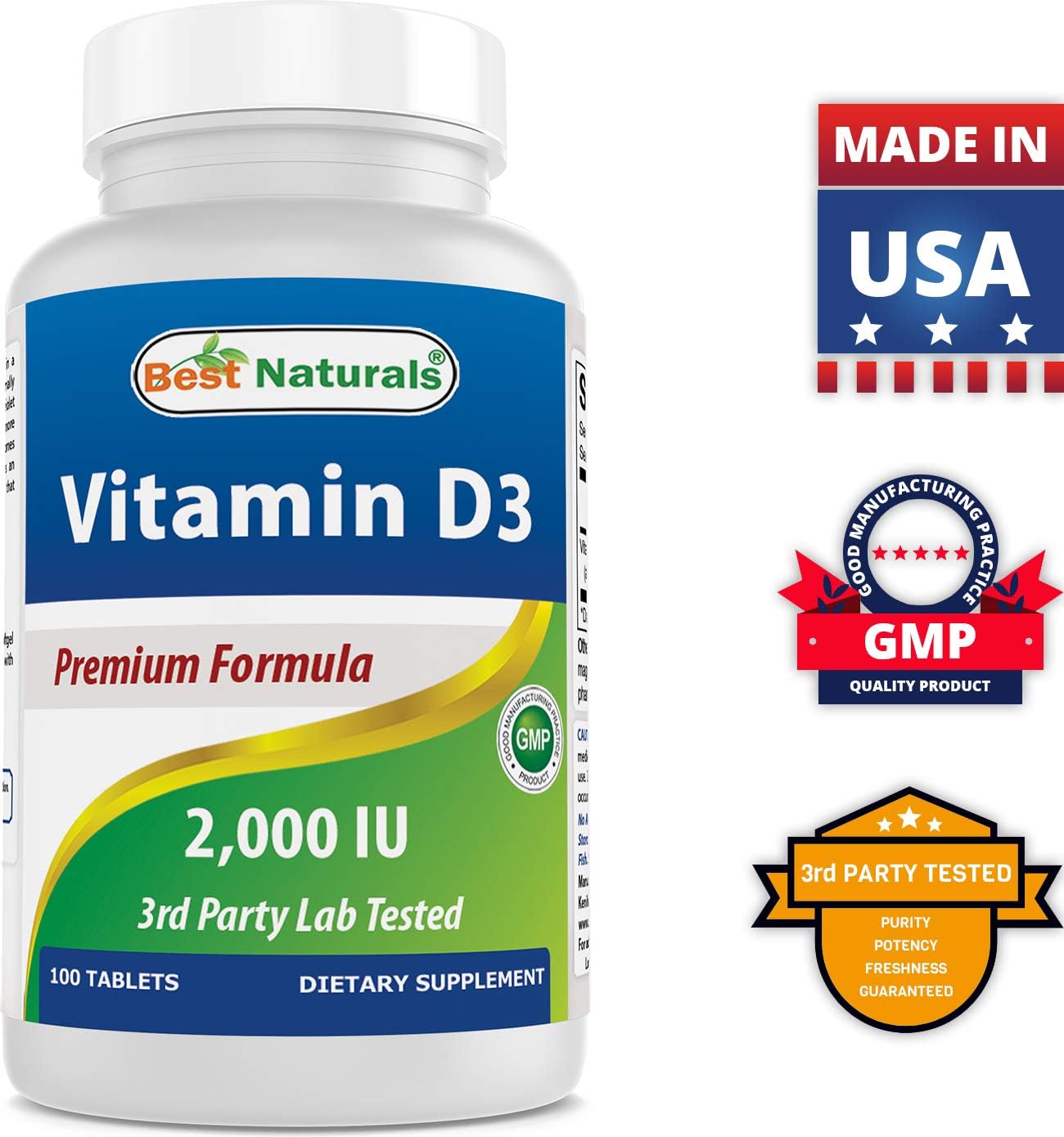 100-Day Supply of Best Naturals Vitamin D3 2000 IU Tablets for Immune Health, Strong Bones, Teeth, and Muscle Support - 300 Count