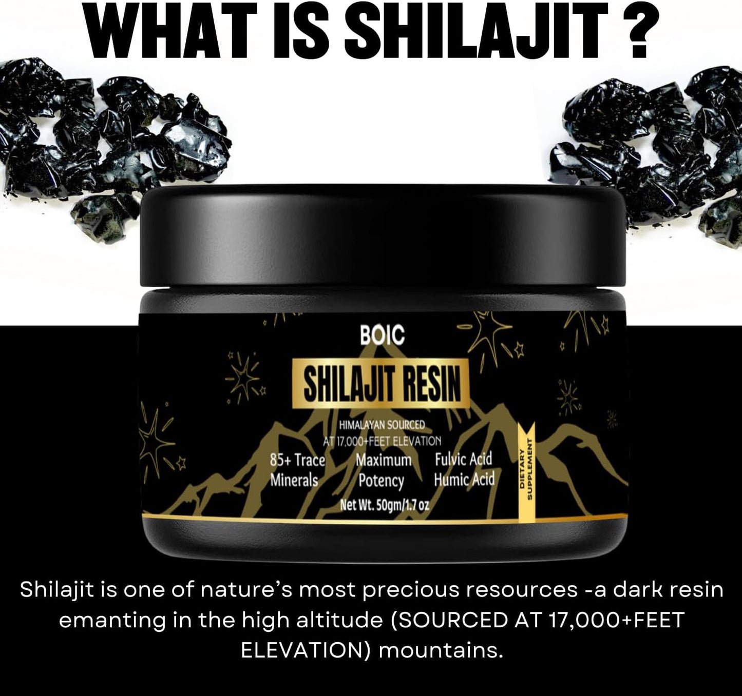 100-Day Supply of BOIC Pure Black Himalayan Shilajit Resin for Energy and Immune Support - 50g / 1.7oz for Men and Women