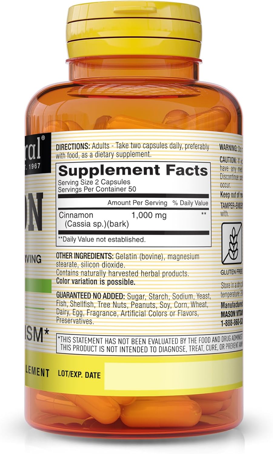 100 Ea MASON NATURAL Cinnamon 1000 mg Capsules - Natural Dietary Supplement for Health and Wellness