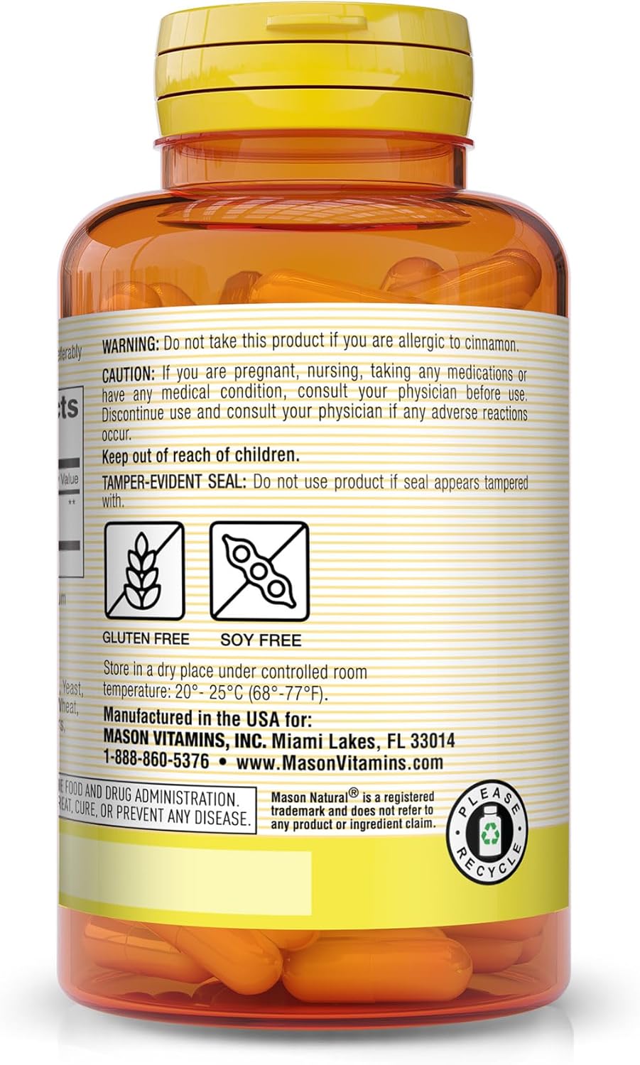 100 Ea MASON NATURAL Cinnamon 1000 mg Capsules - Natural Dietary Supplement for Health and Wellness