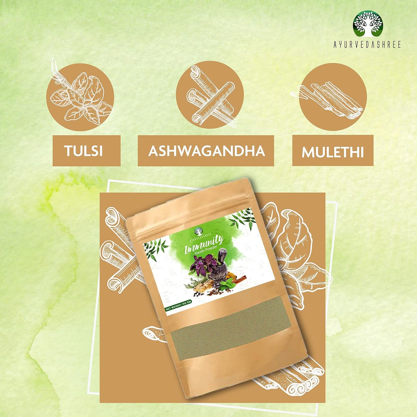 100 Gm AYURVEDASHREE Immunity Kwath with Giloy, Ashwagandha, Mulethi - Herbal Kadha