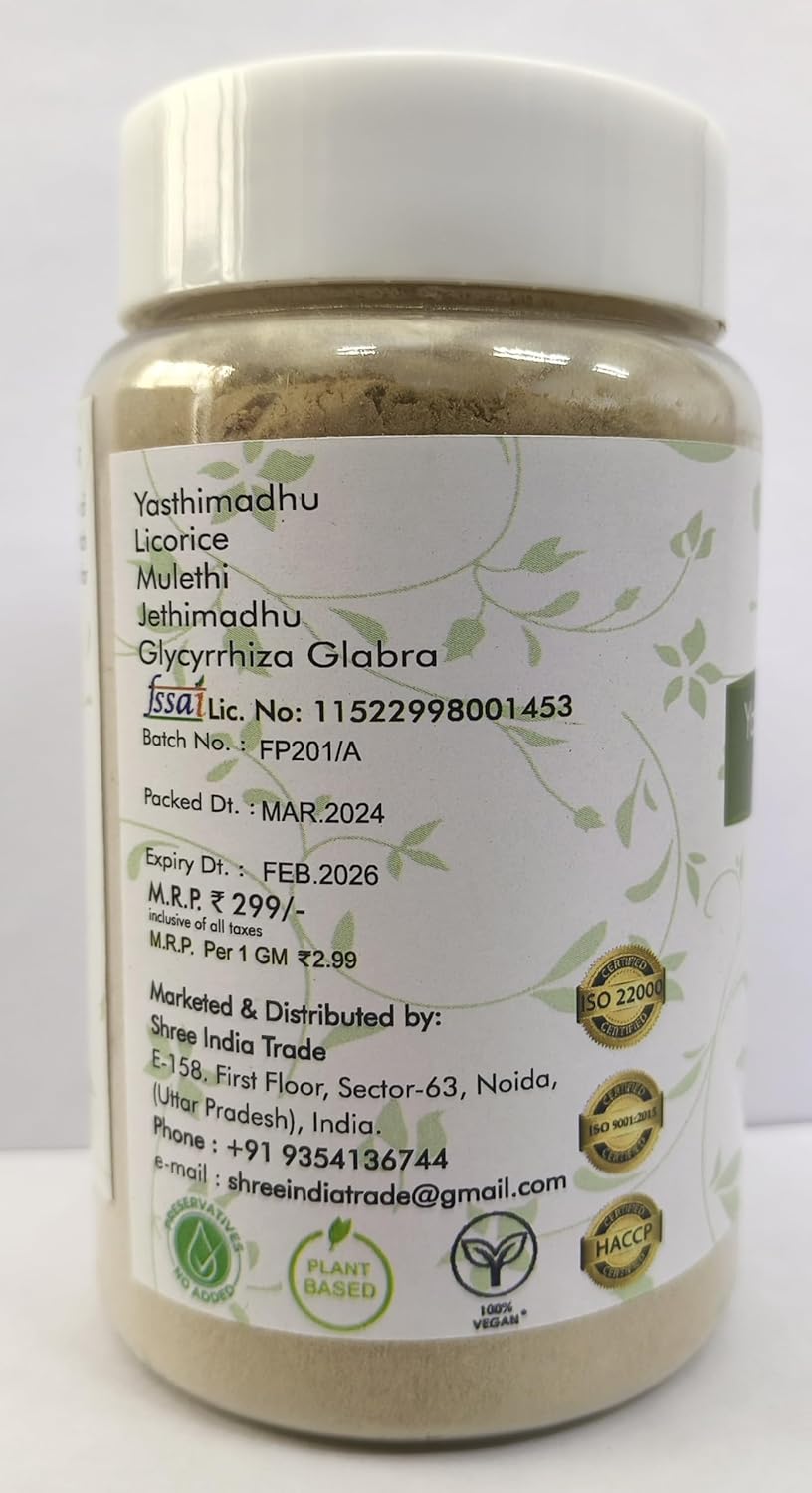 100 Gm Ayurvedic Yashtimadhu Powder | Licorice Root Powder Glycyrrhiza glabra | Immunity Support | Vegan & Gluten Free