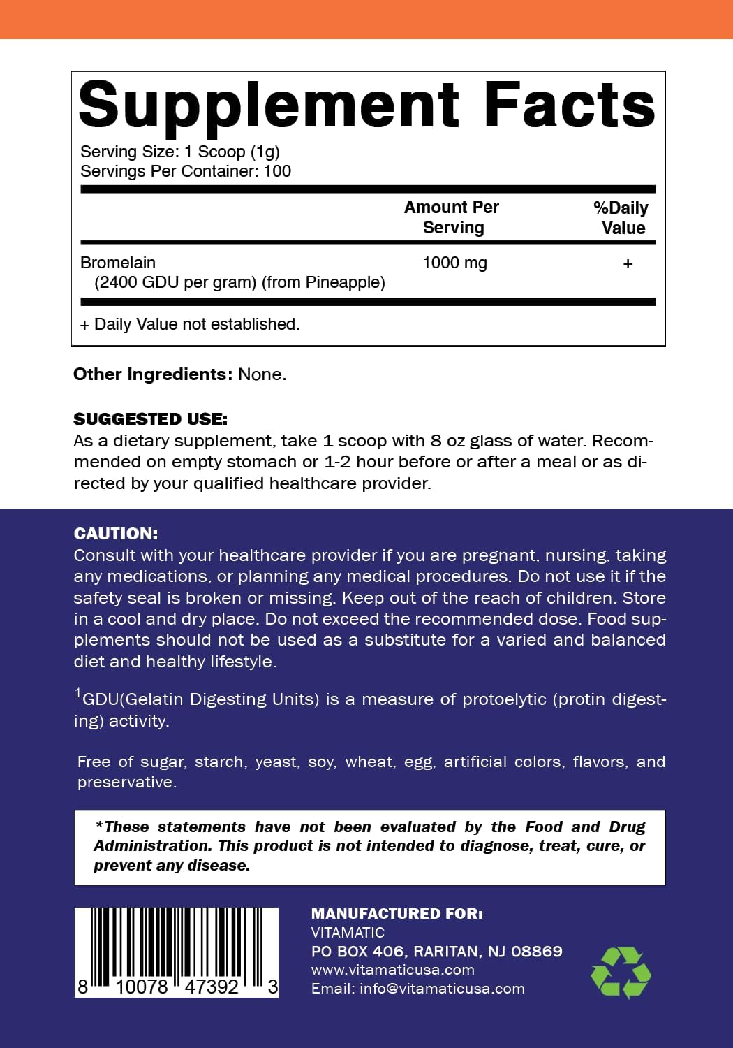 100 Grams of Vitamatic Bromelain Powder - 100 Servings, 1000mg per Serving, 2400 GDU/g, Proteolytic Enzymes for Protein Digestion