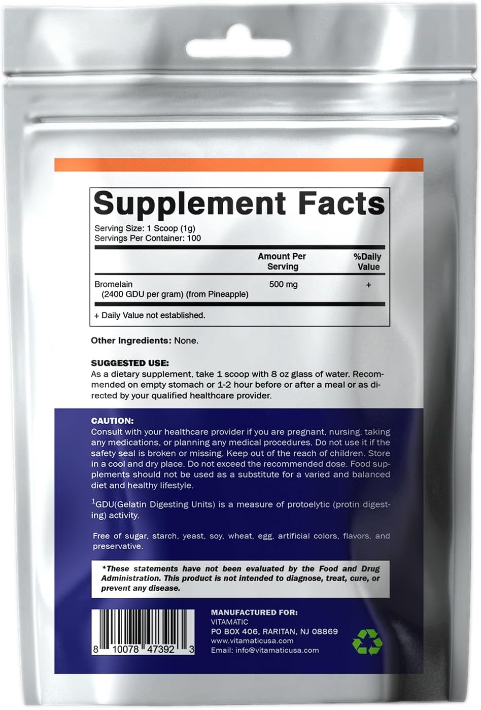 100 Grams of Vitamatic Bromelain Powder - 100 Servings, 1000mg per Serving, 2400 GDU/g, Proteolytic Enzymes for Protein Digestion