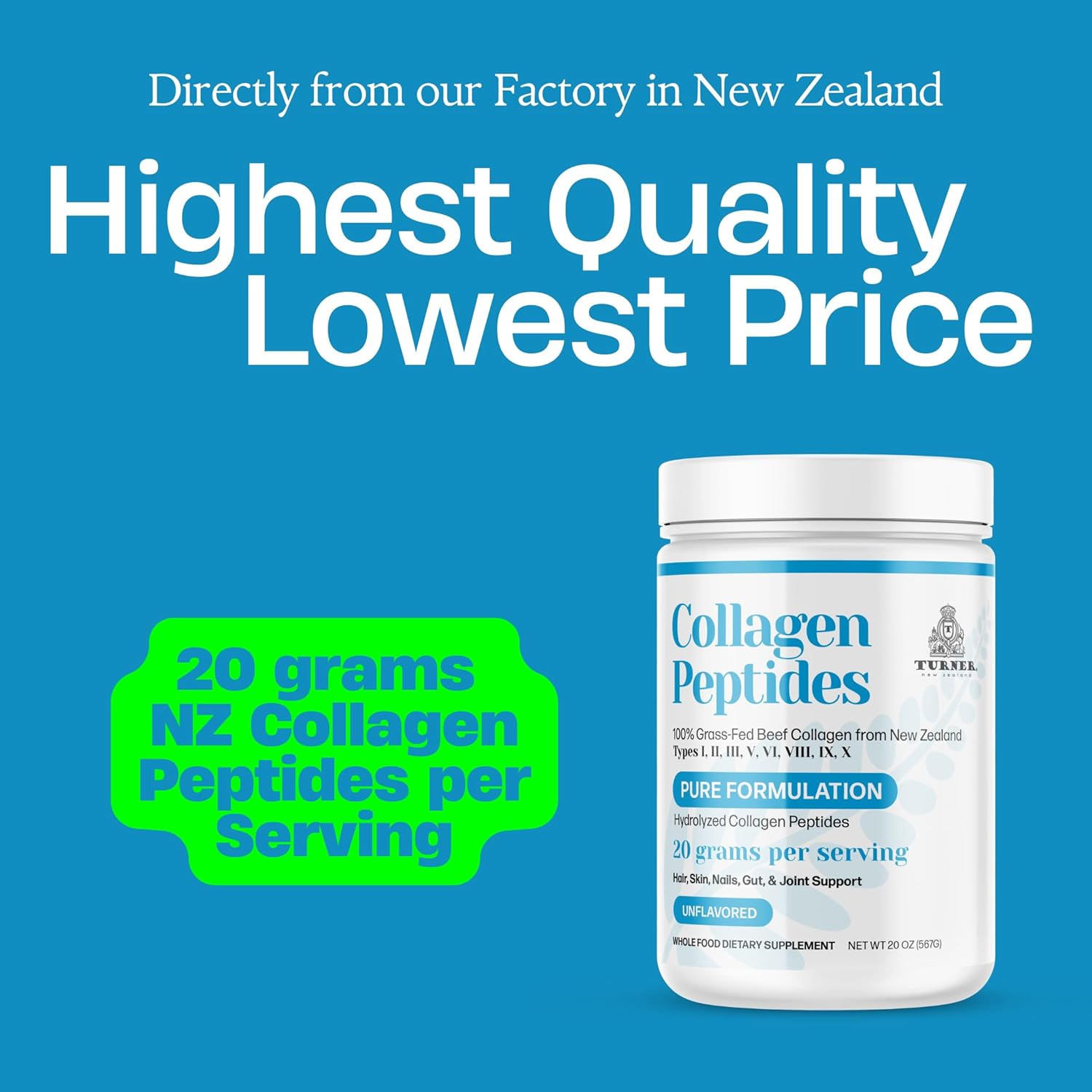 100% Grass-Fed Beef Bone Collagen Powder from New Zealand - Unflavored, 20 oz