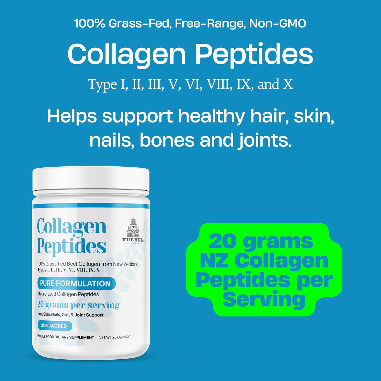 100% Grass-Fed Beef Bone Collagen Powder from New Zealand - Unflavored, 20 oz