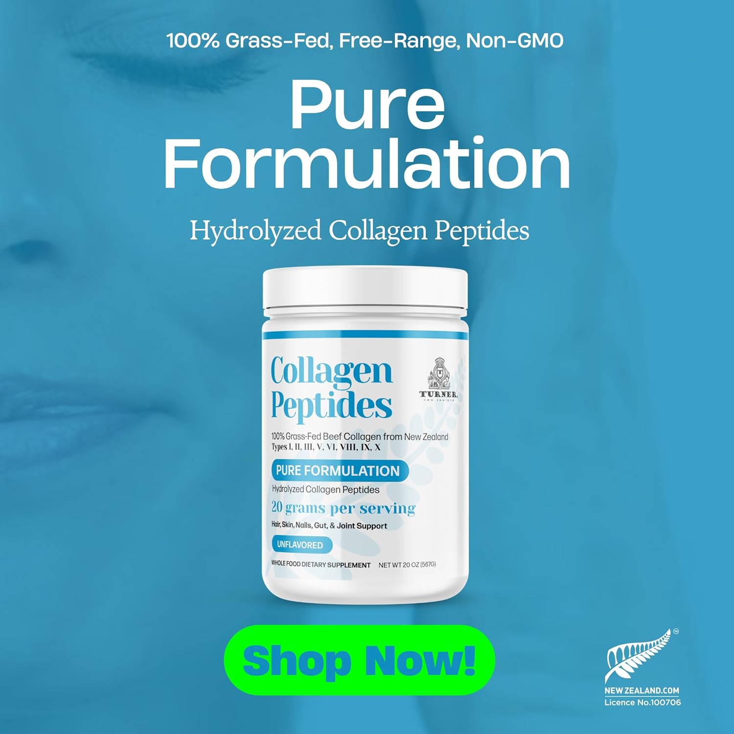 100% Grass-Fed Beef Bone Collagen Powder from New Zealand - Unflavored, 20 oz