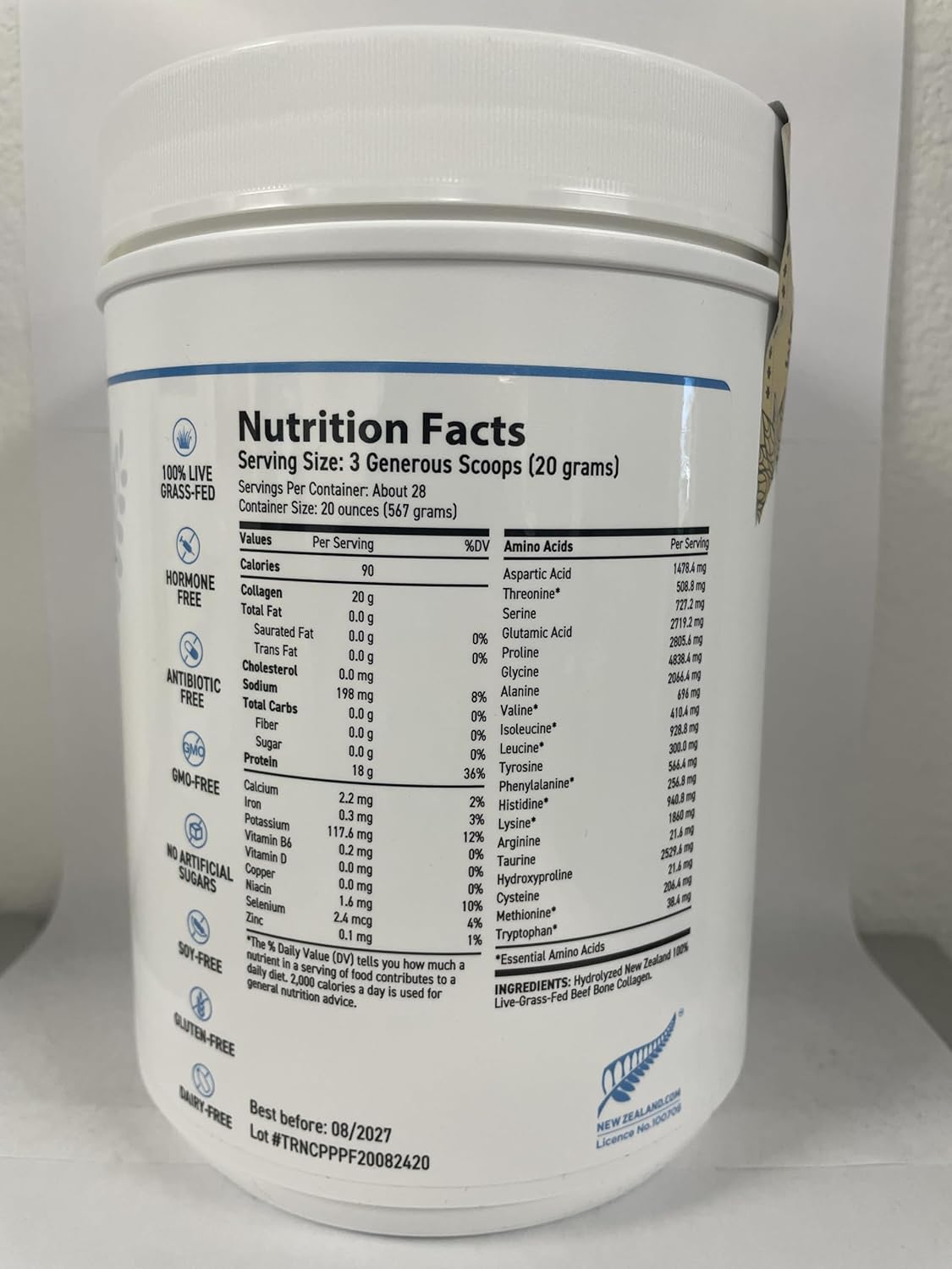 100% Grass-Fed Beef Bone Collagen Powder from New Zealand - Unflavored, 20 oz