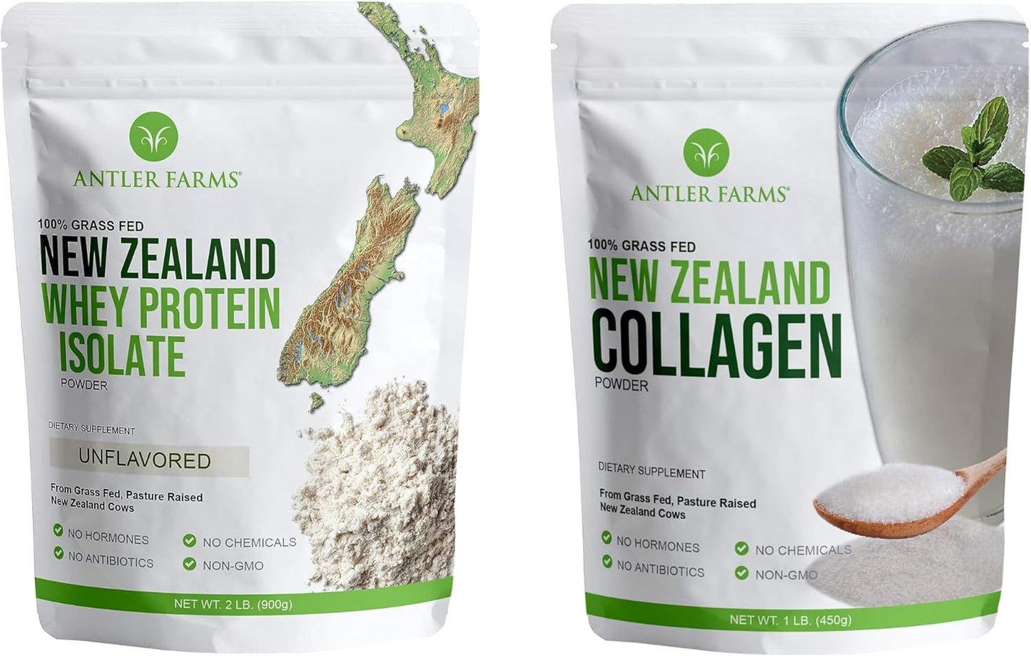 100% Grass Fed New Zealand Whey Protein Isolate & Collagen Powder Bundle from Antler Farms