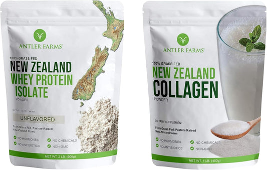 100% Grass Fed New Zealand Whey Protein Isolate & Collagen Powder Bundle from Antler Farms