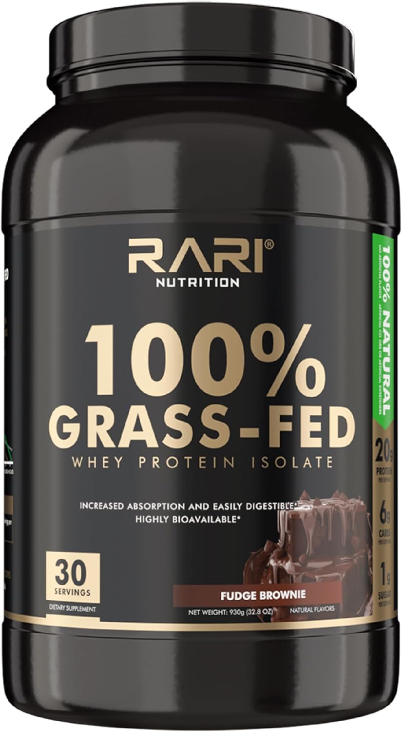100% Grass Fed Whey Protein Isolate Powder by RARI Nutrition - 20g Protein, 5g BCAAs, Fudge Brownie Flavor - 20 Servings