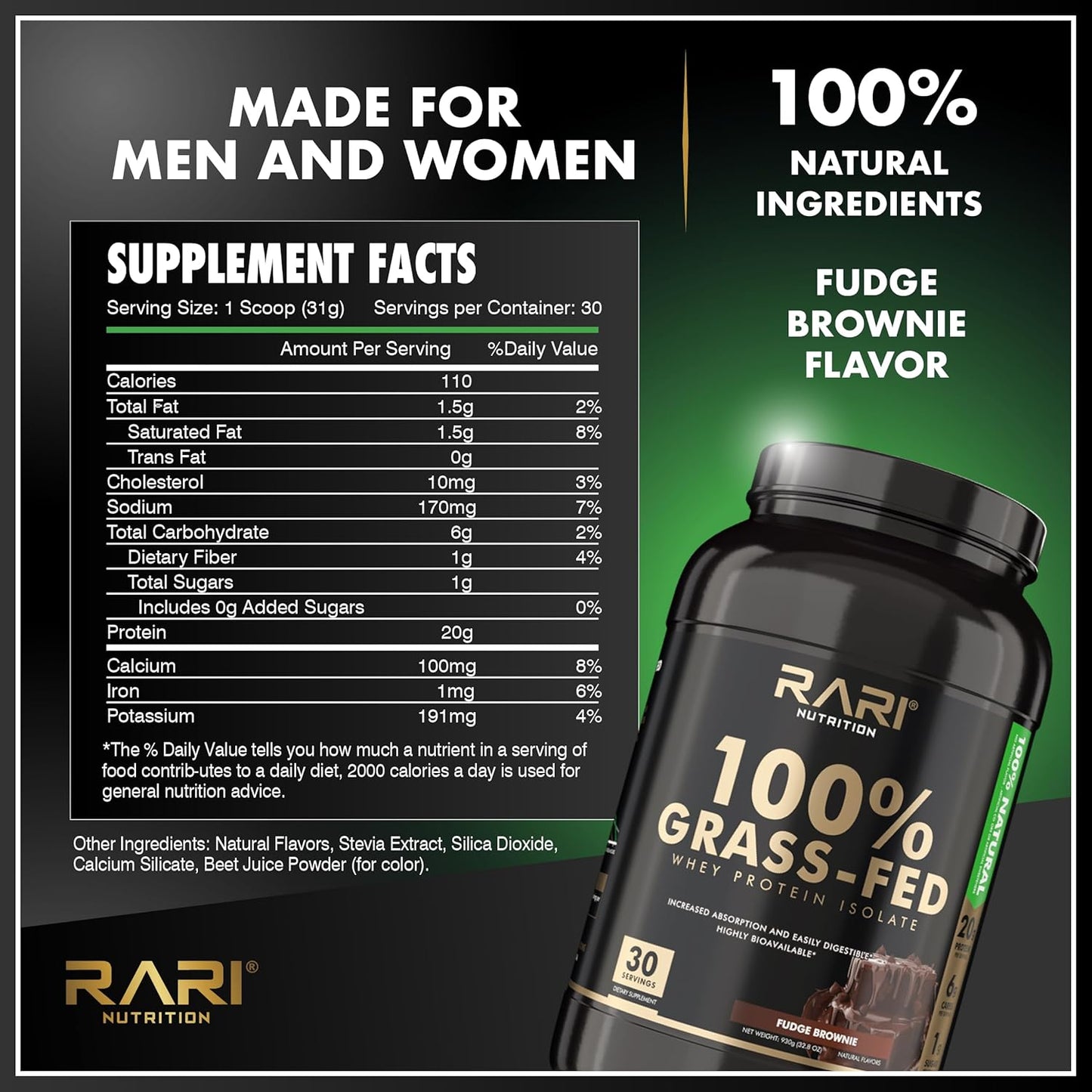 100% Grass Fed Whey Protein Isolate Powder by RARI Nutrition - 20g Protein, 5g BCAAs, Fudge Brownie Flavor - 20 Servings