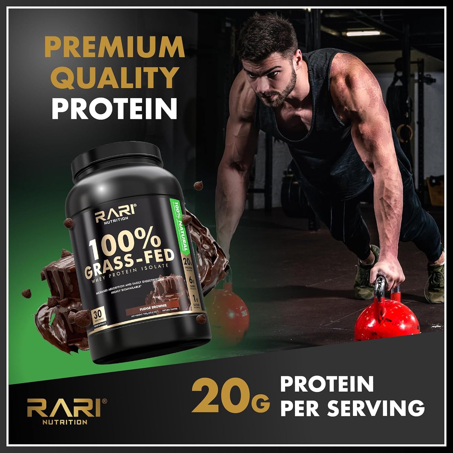 100% Grass Fed Whey Protein Isolate Powder by RARI Nutrition - 20g Protein, 5g BCAAs, Fudge Brownie Flavor - 20 Servings