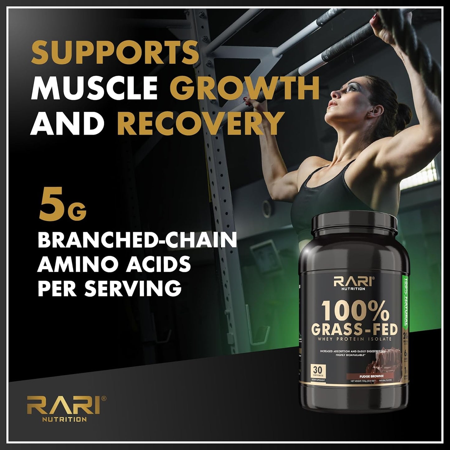 100% Grass Fed Whey Protein Isolate Powder by RARI Nutrition - 20g Protein, 5g BCAAs, Fudge Brownie Flavor - 20 Servings