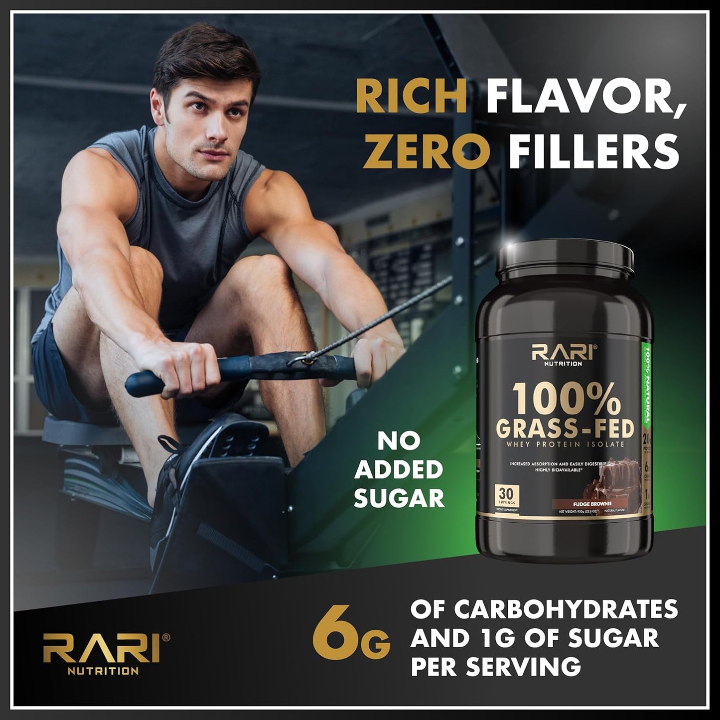 100% Grass Fed Whey Protein Isolate Powder by RARI Nutrition - 20g Protein, 5g BCAAs, Fudge Brownie Flavor - 20 Servings
