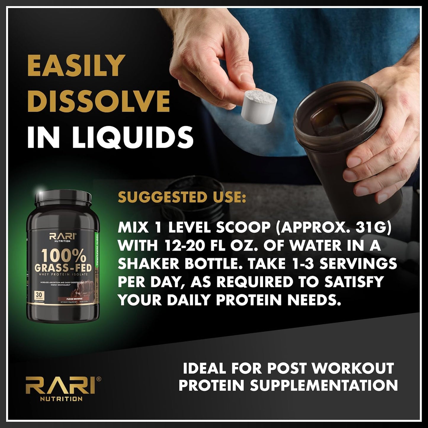 100% Grass Fed Whey Protein Isolate Powder by RARI Nutrition - 20g Protein, 5g BCAAs, Fudge Brownie Flavor - 20 Servings