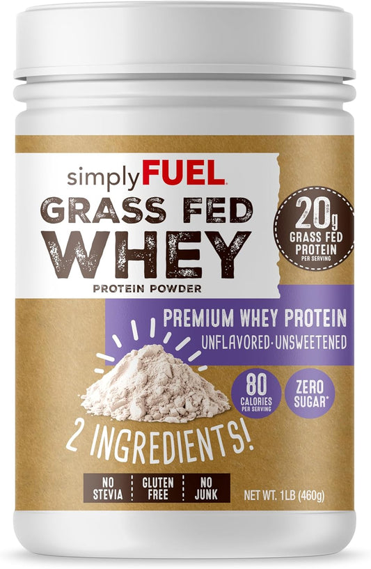 100% Grass-Fed Whey Protein Powder - Unflavored, Unsweetened, Gluten-Free - 20g Protein - Clean Muscle Growth and Recovery - 1LB