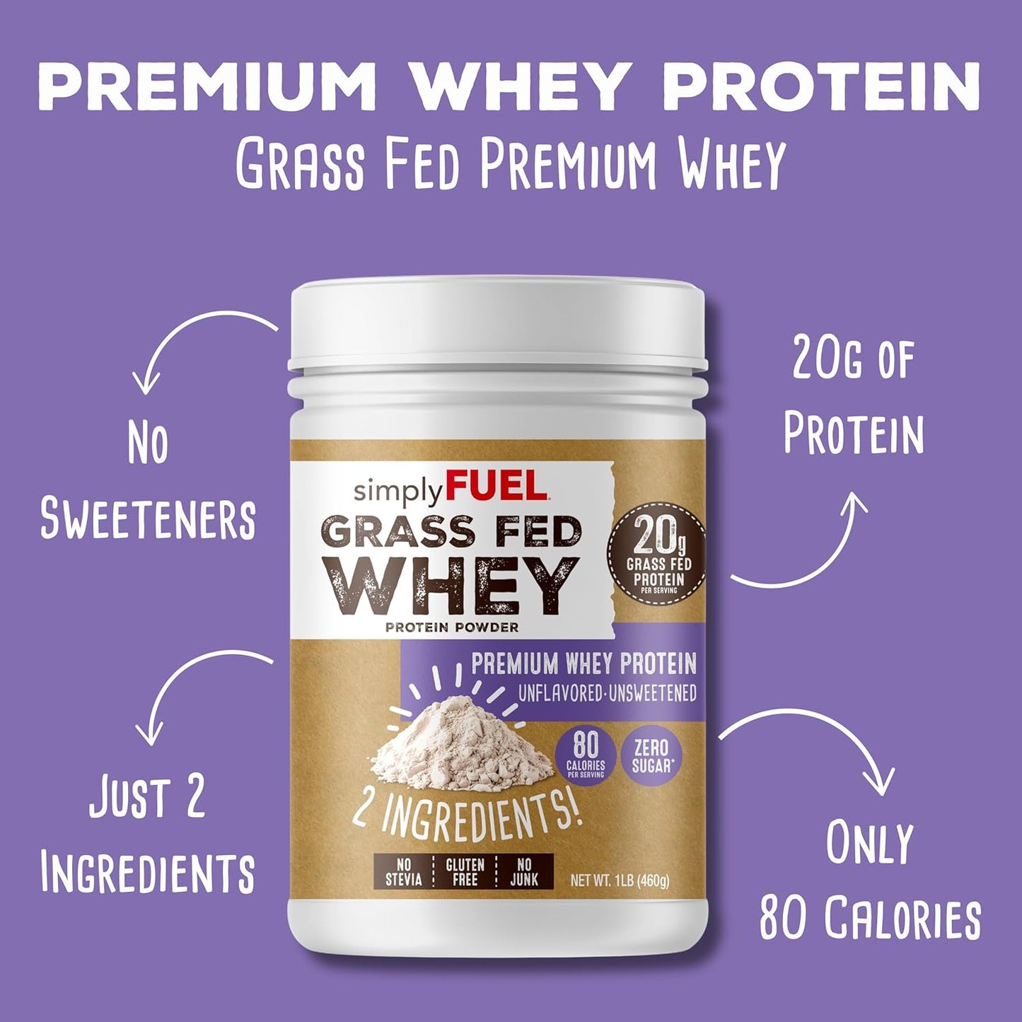 100% Grass-Fed Whey Protein Powder - Unflavored, Unsweetened, Gluten-Free - 20g Protein - Clean Muscle Growth and Recovery - 1LB