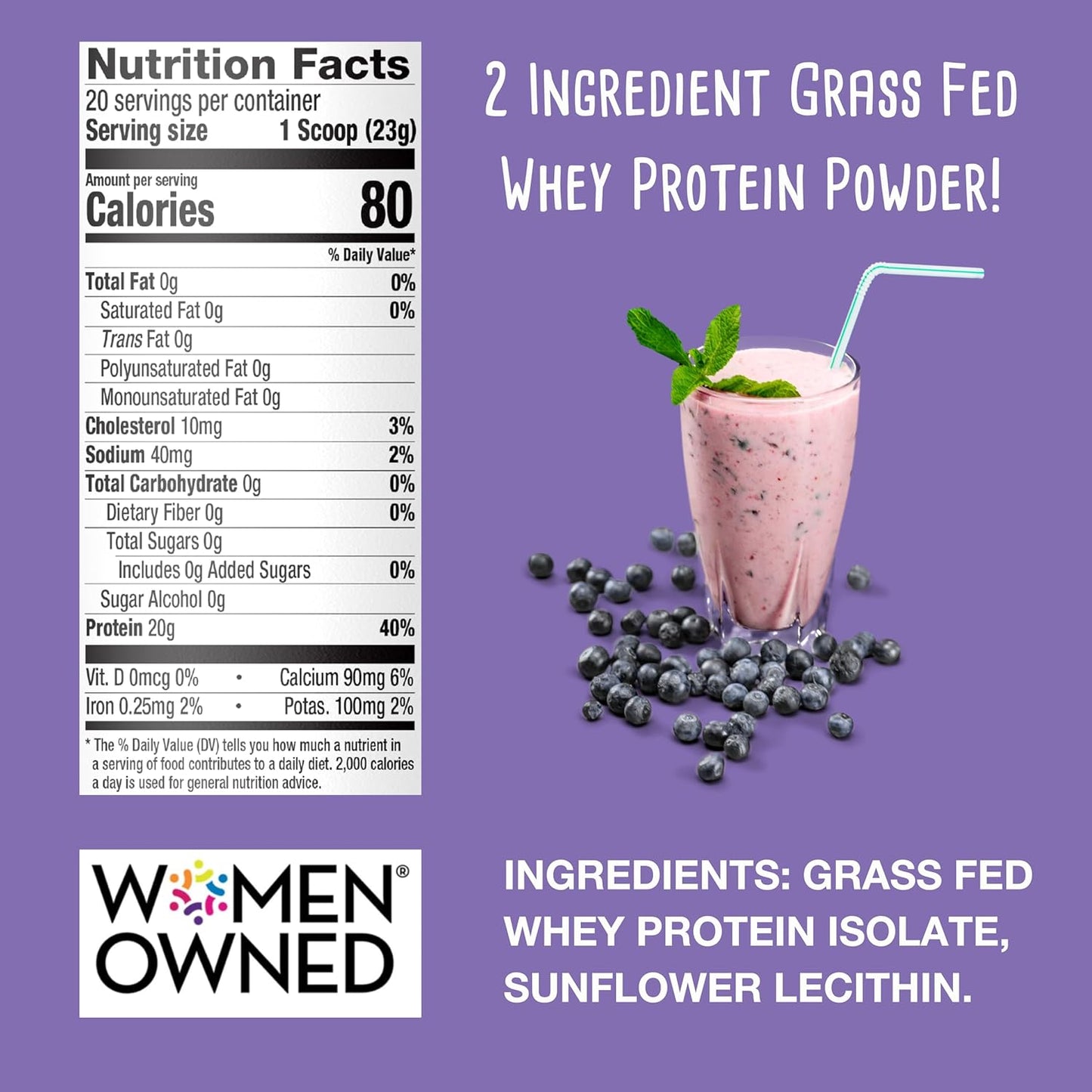 100% Grass-Fed Whey Protein Powder - Unflavored, Unsweetened, Gluten-Free - 20g Protein - Clean Muscle Growth and Recovery - 1LB