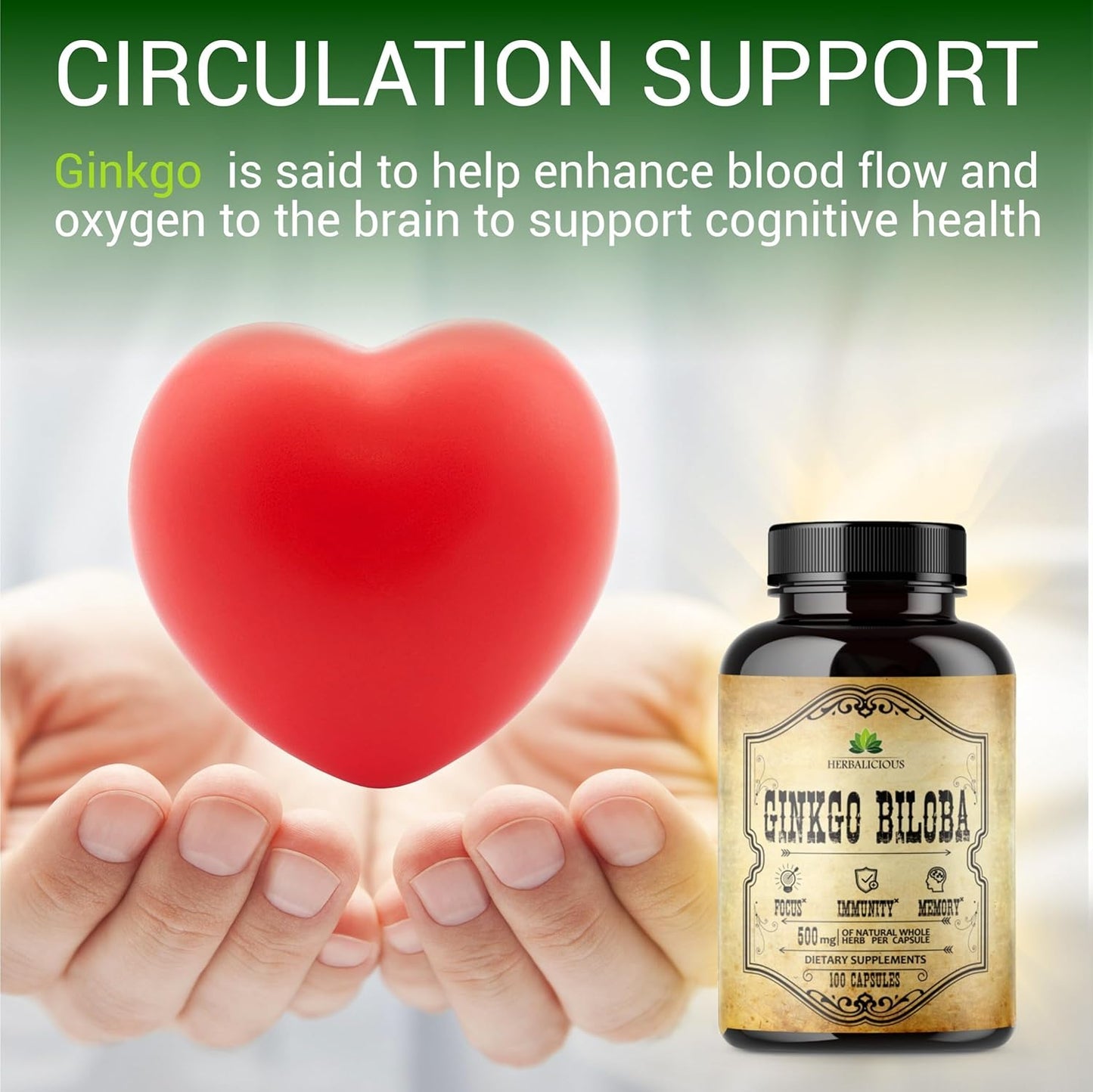 100 Herbalicious Ginkgo Biloba Capsules for Daily Mental Clarity, Focus, Memory, Stress Relief, Heart and Brain Health - Natural Nootropic Supplement for Men and Women